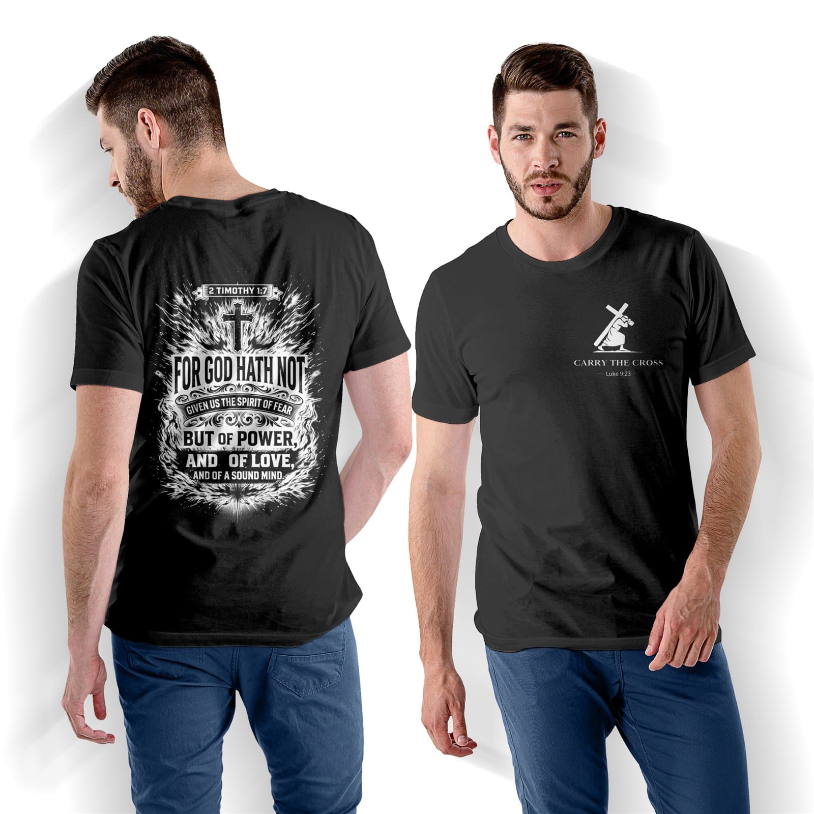 2 Timothy 1:7 Christian Shirt, Power Love Sound Mind Tee shirt mockup showing the front logo and back design