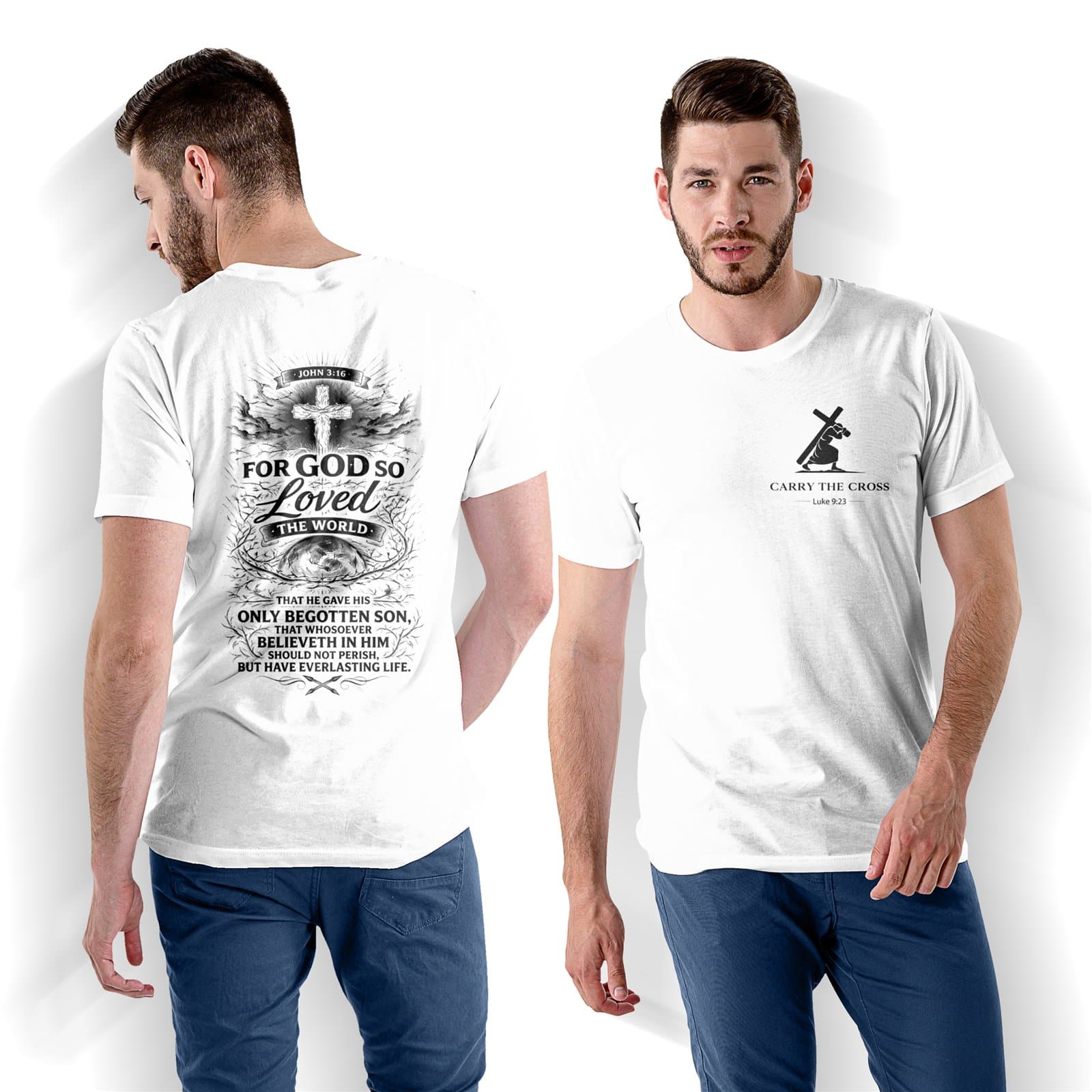 John 3:16 Christian T-Shirt, Gospel Bible Verse Tee, Faith Apparel shirt mockup showing the front logo and back design