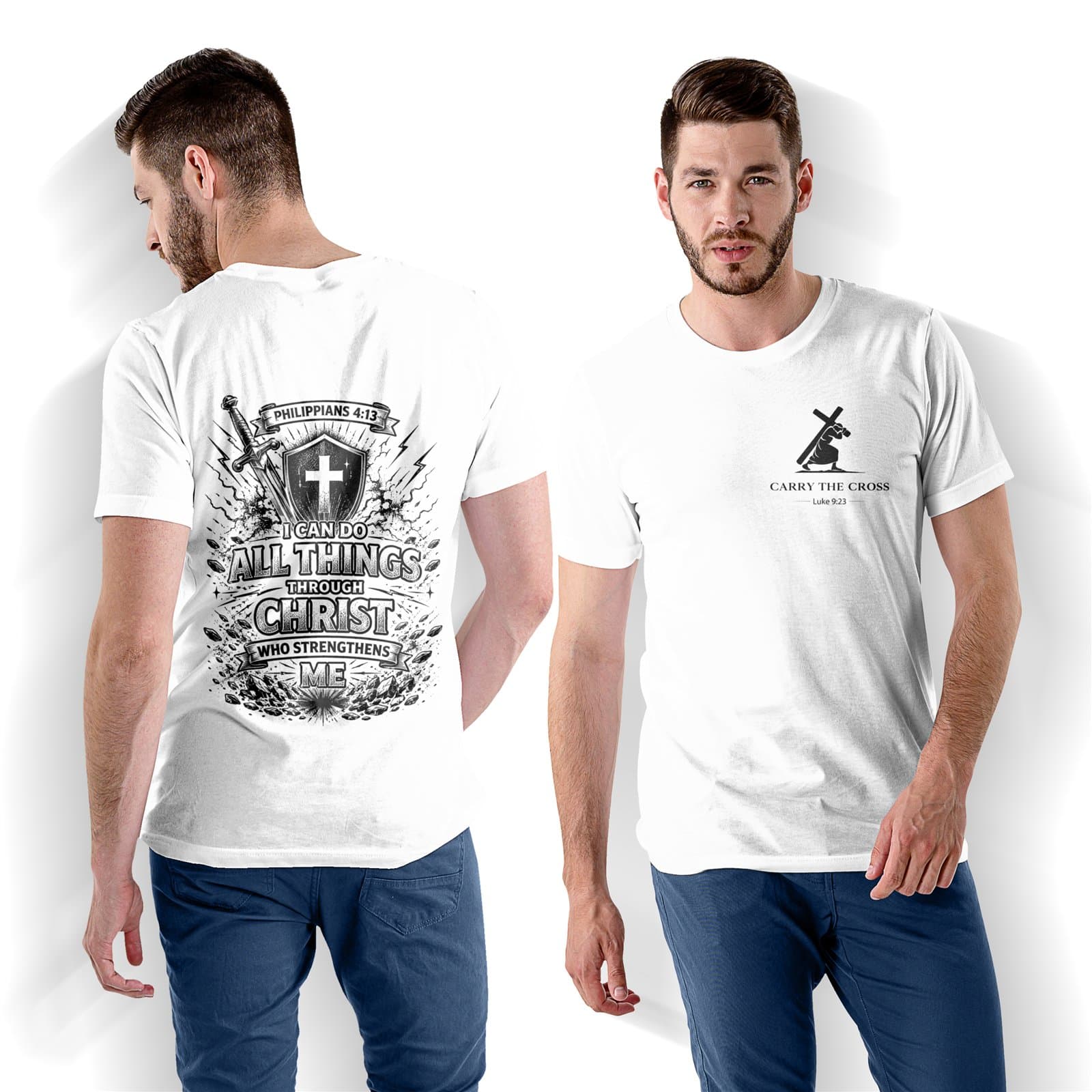 Philippians 4:13 Warrior Faith T-Shirt, Christian Scripture Graphic Tee shirt mockup showing the front logo and back design