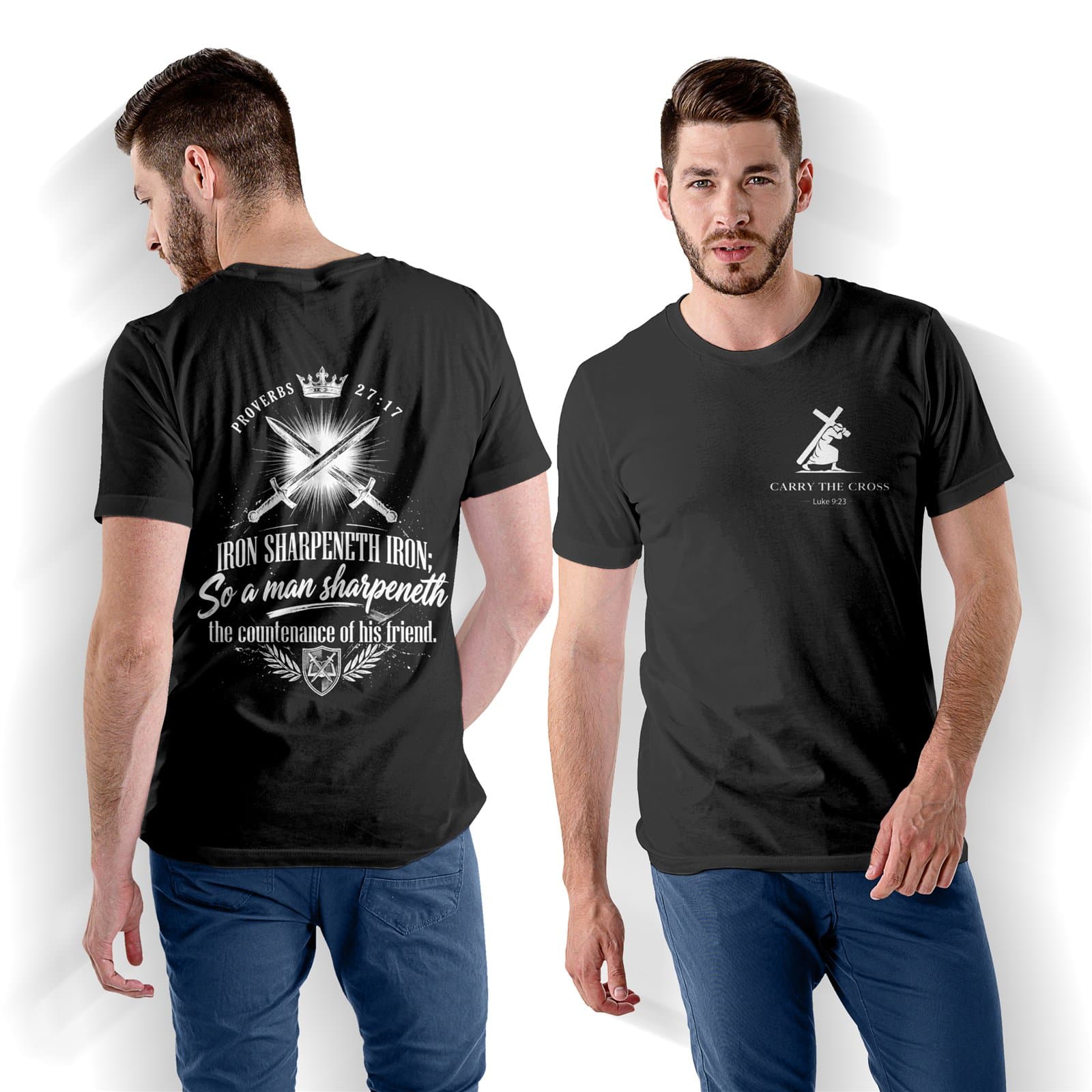 Proverbs 27:17 Christian Shirt, Iron Sharpens Iron Tee, Brotherhood Faith Graphic T-Shirt shirt mockup showing the front logo and back design